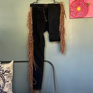 Purple Candy, small, women’s black distressed, skinny jeans with tassel detail